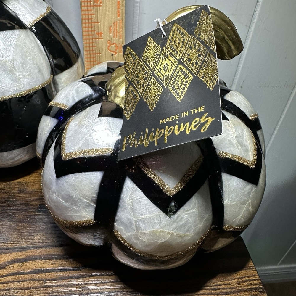 2 Black White Checkered Stacked Pumpkins Gold Stems Halloween Fall Topiary New - Picture 9 of 11